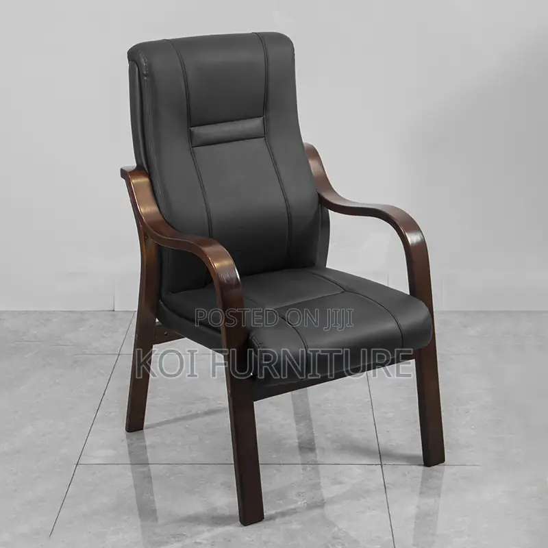 Office Chair:Executive Visitor Chair – Black Leather With Wooden Frame