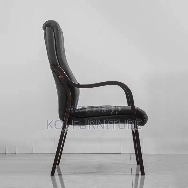 Office Chair:Executive Visitor Chair – Black Leather With Wooden Frame
