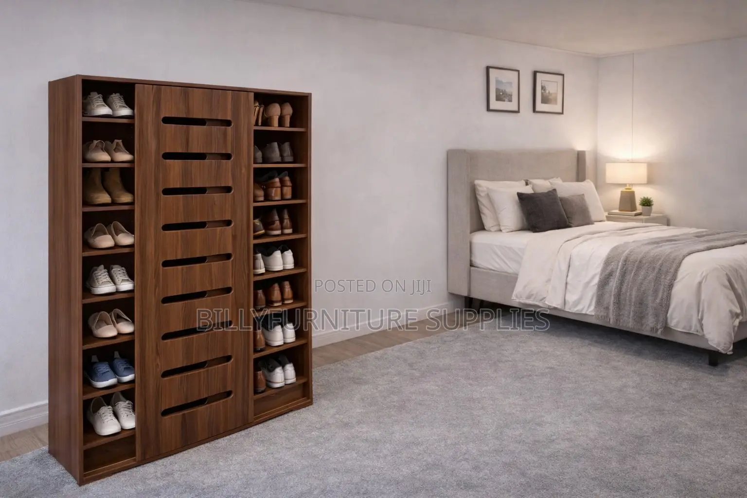 Large Wooden Sliding Shoe Rack Cabinet With Multiple Shelves