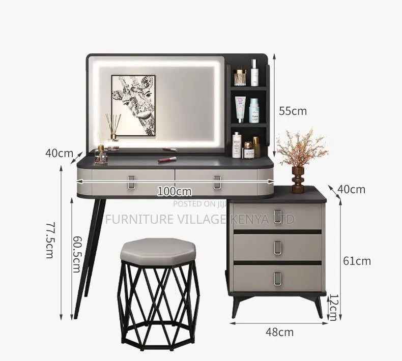 Office Cabinet; Modern Dressing Table With Led Mirror And Stool