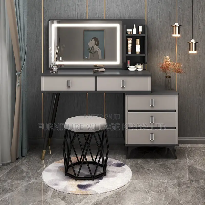 Office Cabinet; Modern Dressing Table With Led Mirror And Stool