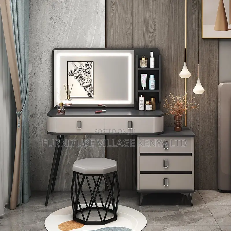 Office Cabinet; Modern Dressing Table With Led Mirror And Stool
