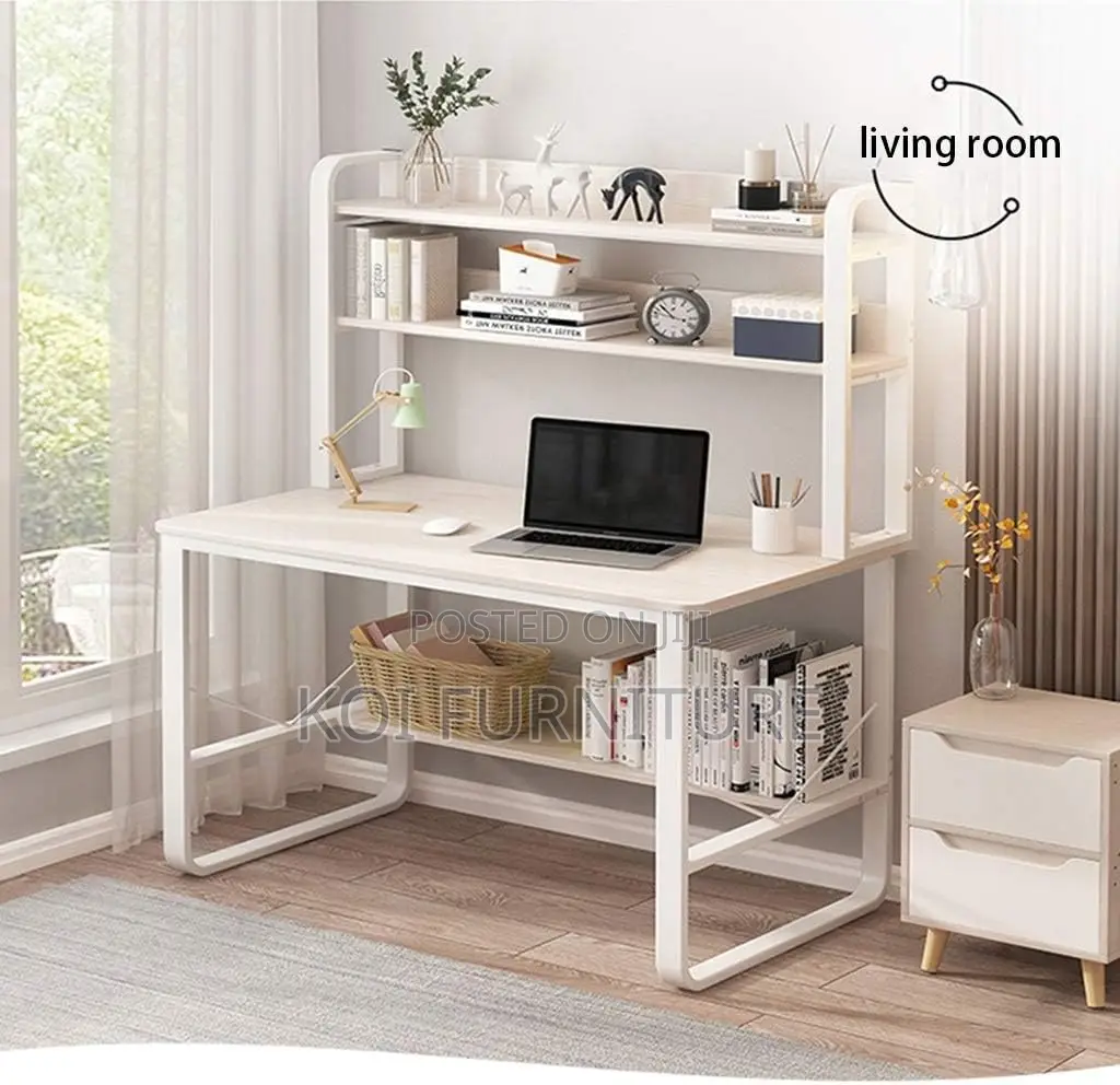 Office Desk : White Study Desk With Top Shelves