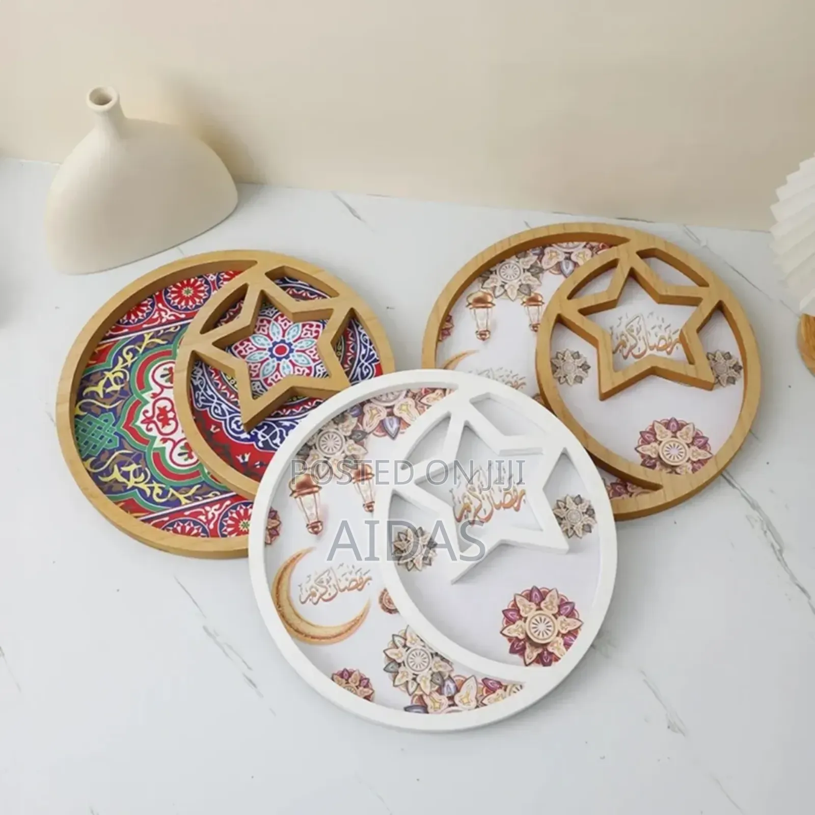 Ramadan Wooden Serving Tray – Islamic Crescent Moon Star Decor