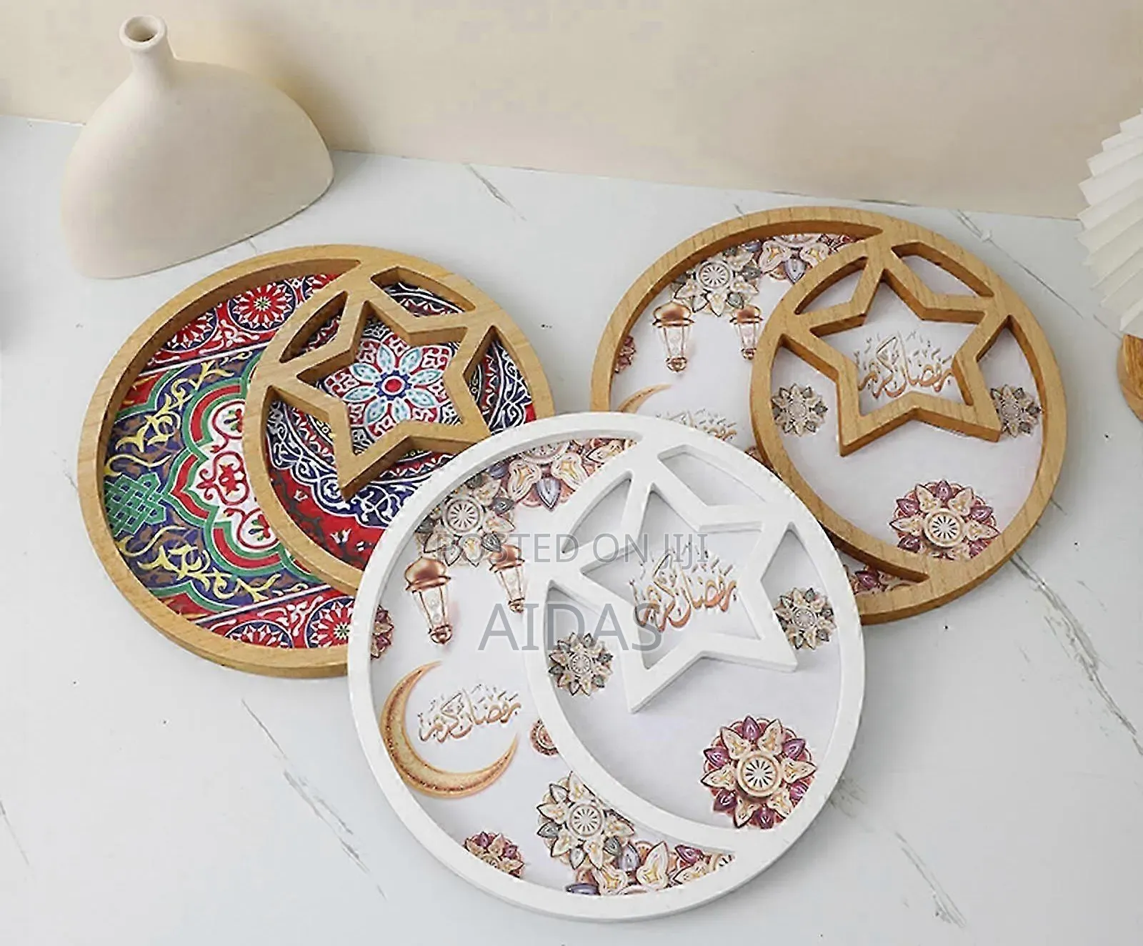 Ramadan Wooden Serving Tray – Islamic Crescent Moon Star Decor