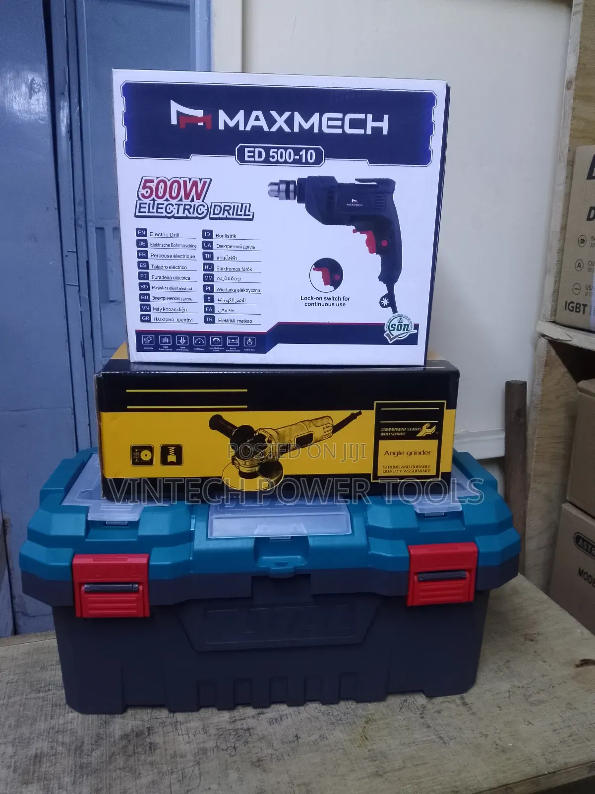 Combo, Drill, Grinder and Toolbox.