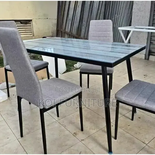 Dining Set : 4-Seater Dining Table With Gray Upholstered Chairs