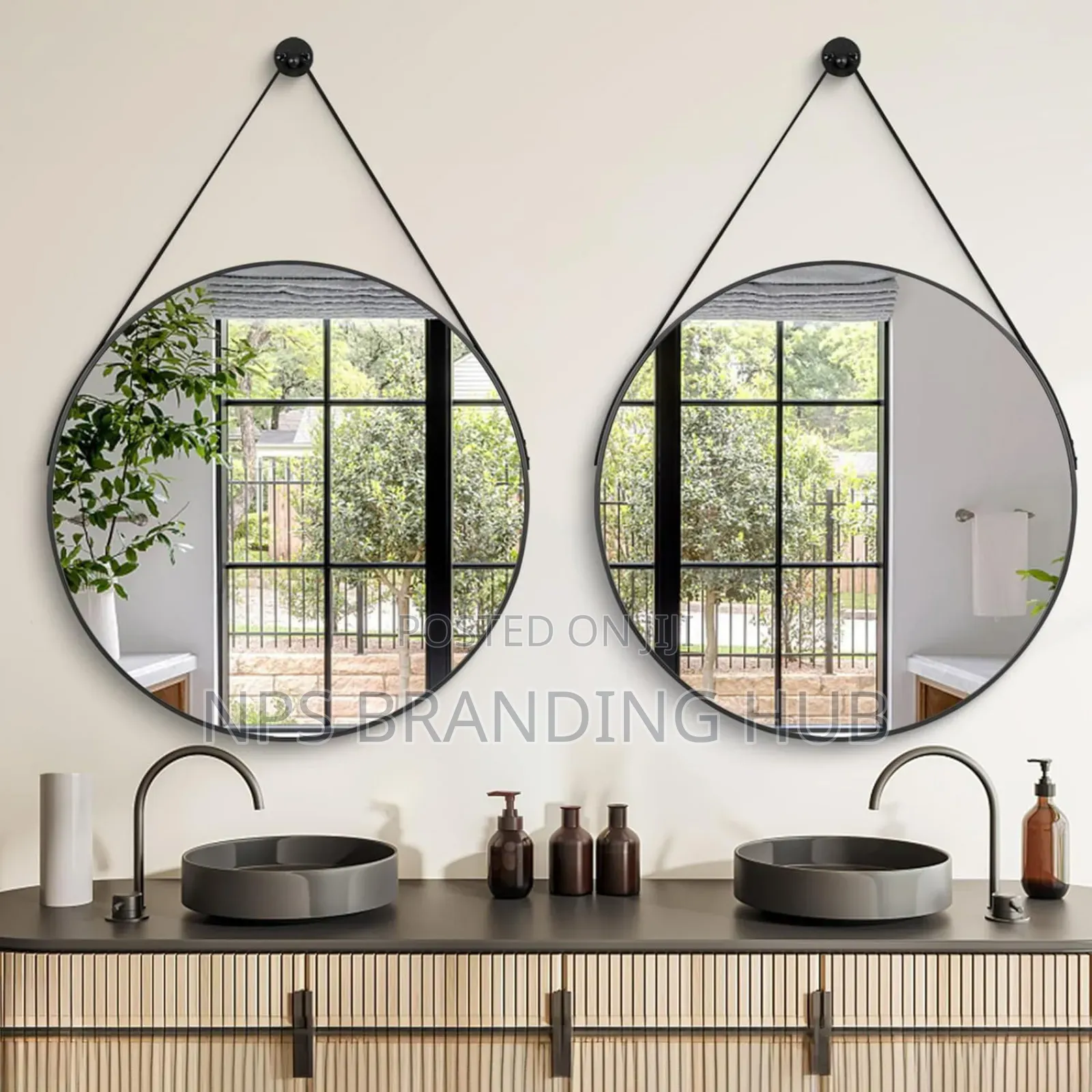 Round Hanging Mirror With Strap Decorative Wall Mirror 60cm Hp