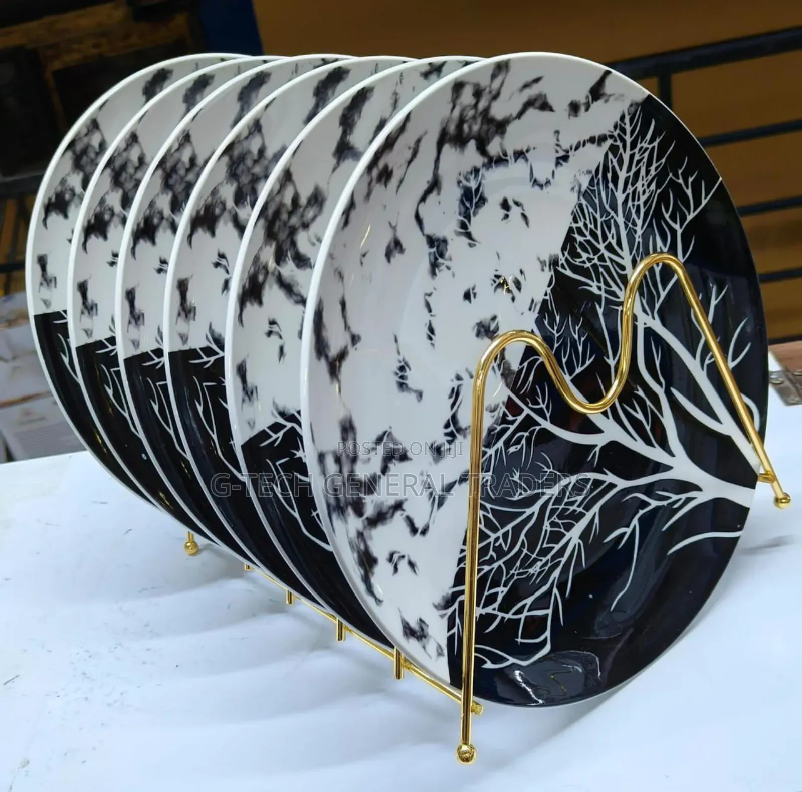 6 Pieces Ceramic Tree Design Dinner Plate Set - Black & White