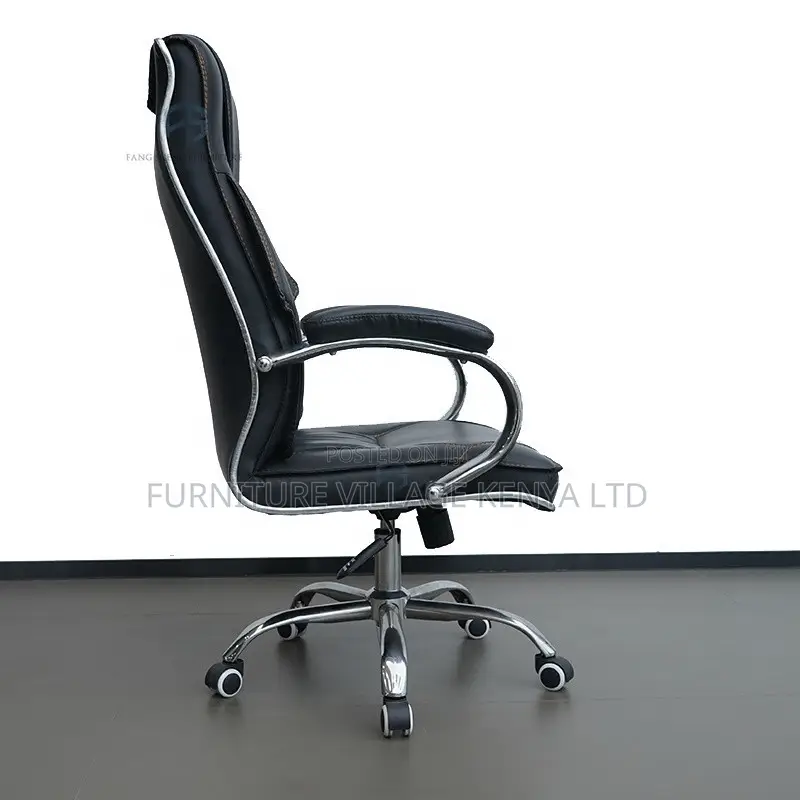 Office Chair; Black Leather With Wheels Office Chair