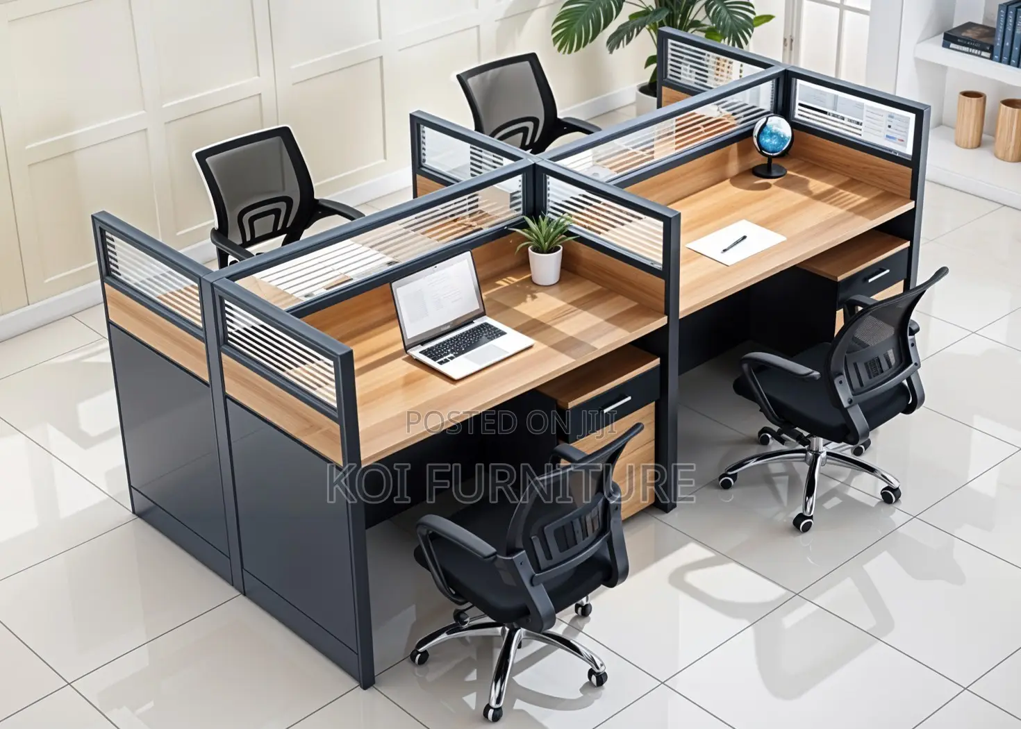 Office Desk : 4-Way Work Station. New Imported Workspace With Glass