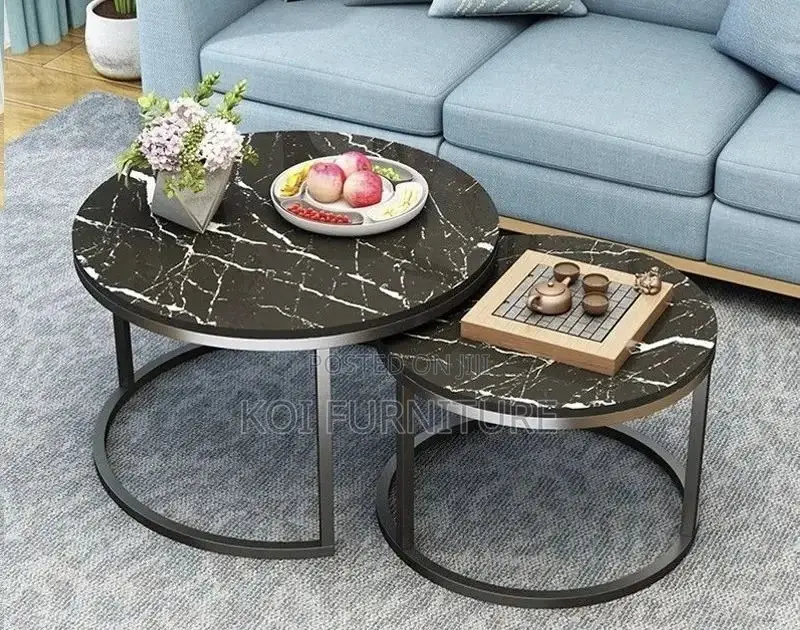Coffee Table; Round Black Marble Coffee Table