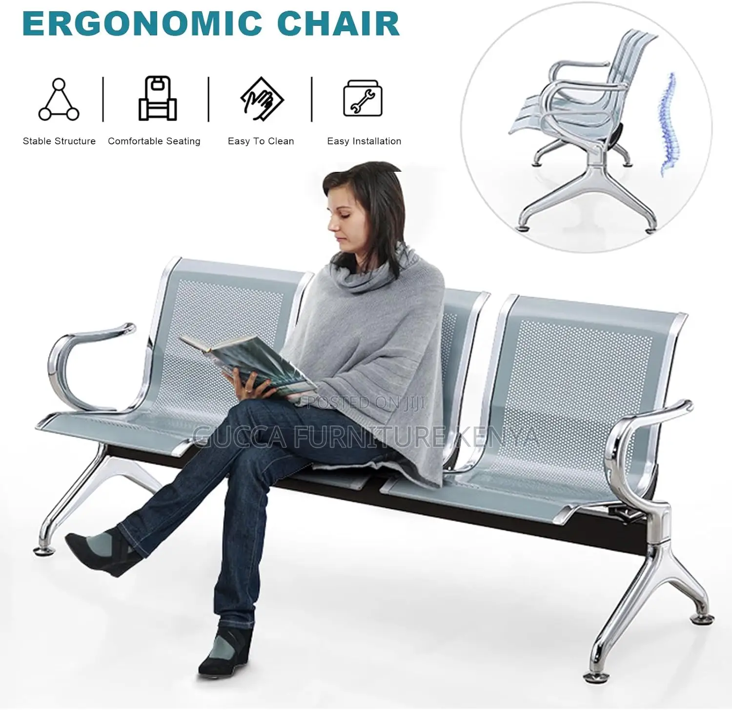 3-link Metallic Office Reception Waiting Bench