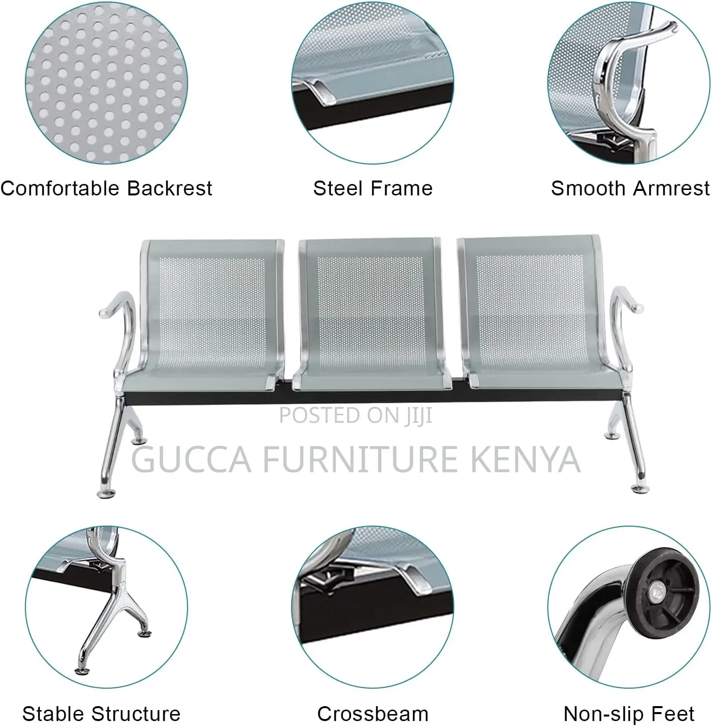 3-link Metallic Office Reception Waiting Bench