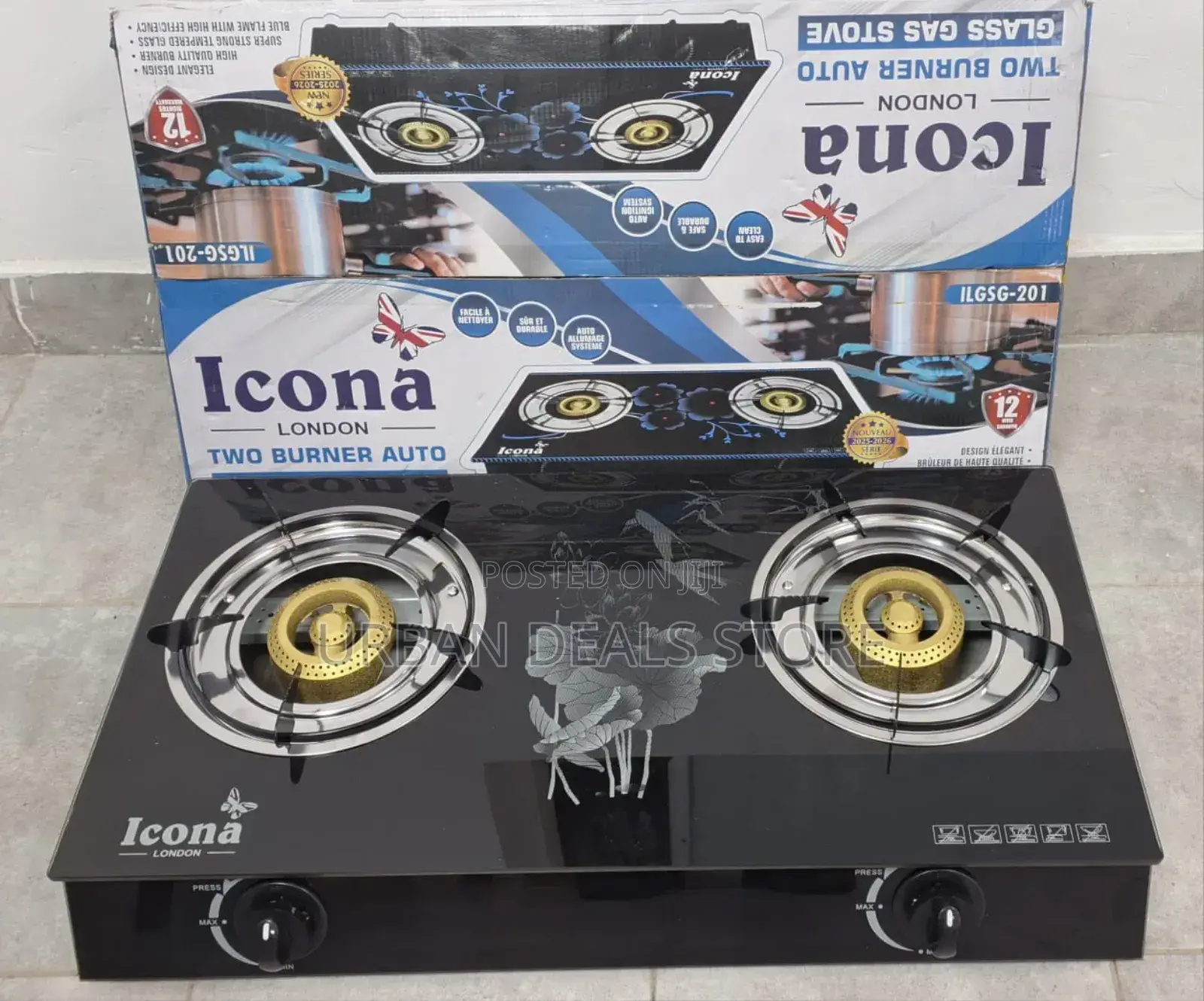 Icona 2 Burner Gas Stove Sleek Glass Top Cooker