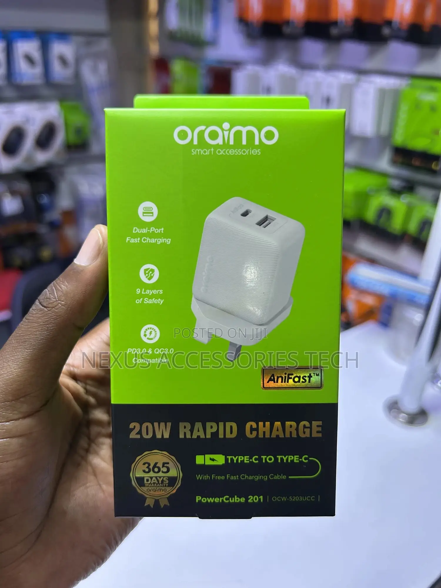 Oraimo Powercube 201 20w Fast Charger – Type-C to Type-C, 2 Usb Ports