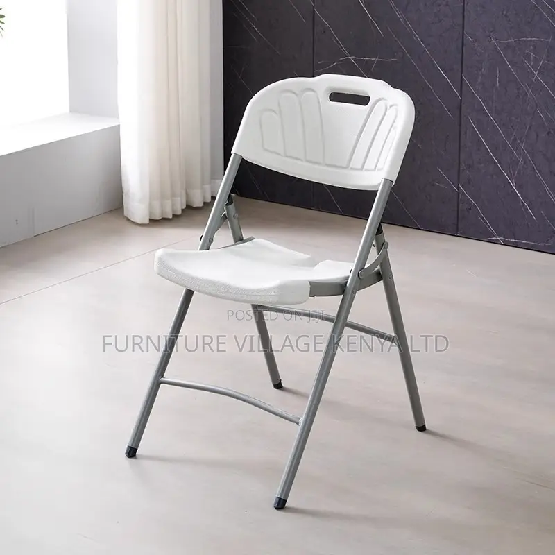 Office Chair; White Plastic Folding Chair With Grey Metal Frame
