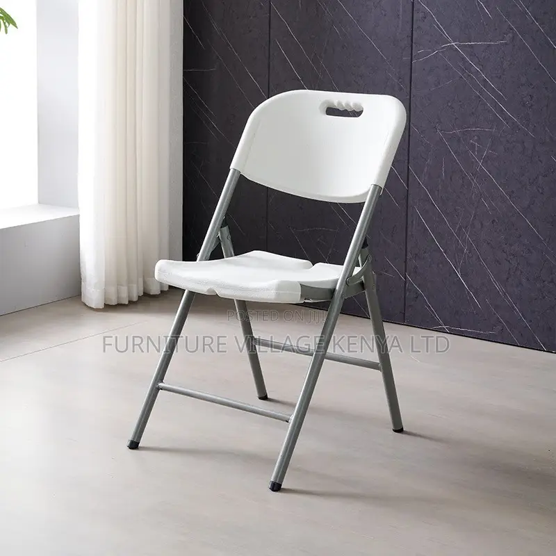 Office Chair; White Plastic Folding Chair With Grey Metal Frame