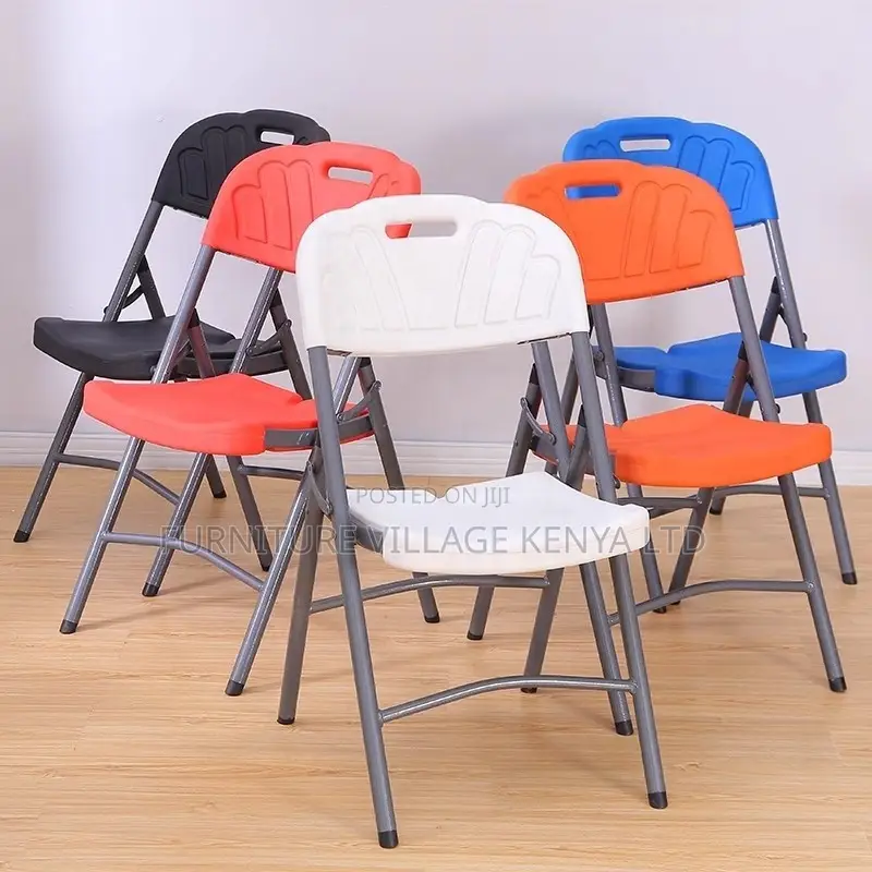 Office Chair; White Plastic Folding Chair With Grey Metal Frame