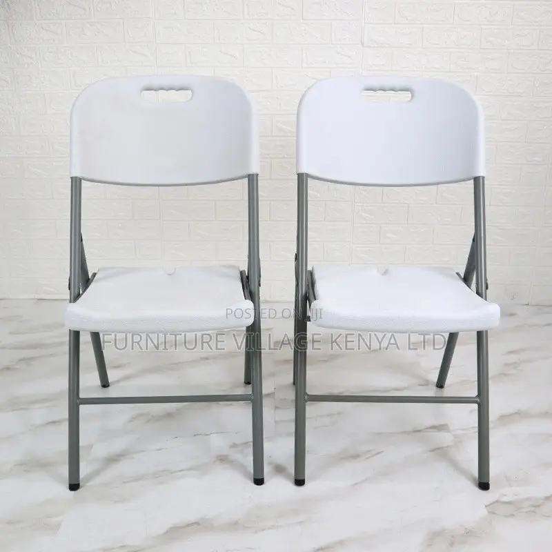 Office Chair; White Plastic Folding Chair With Grey Metal Frame
