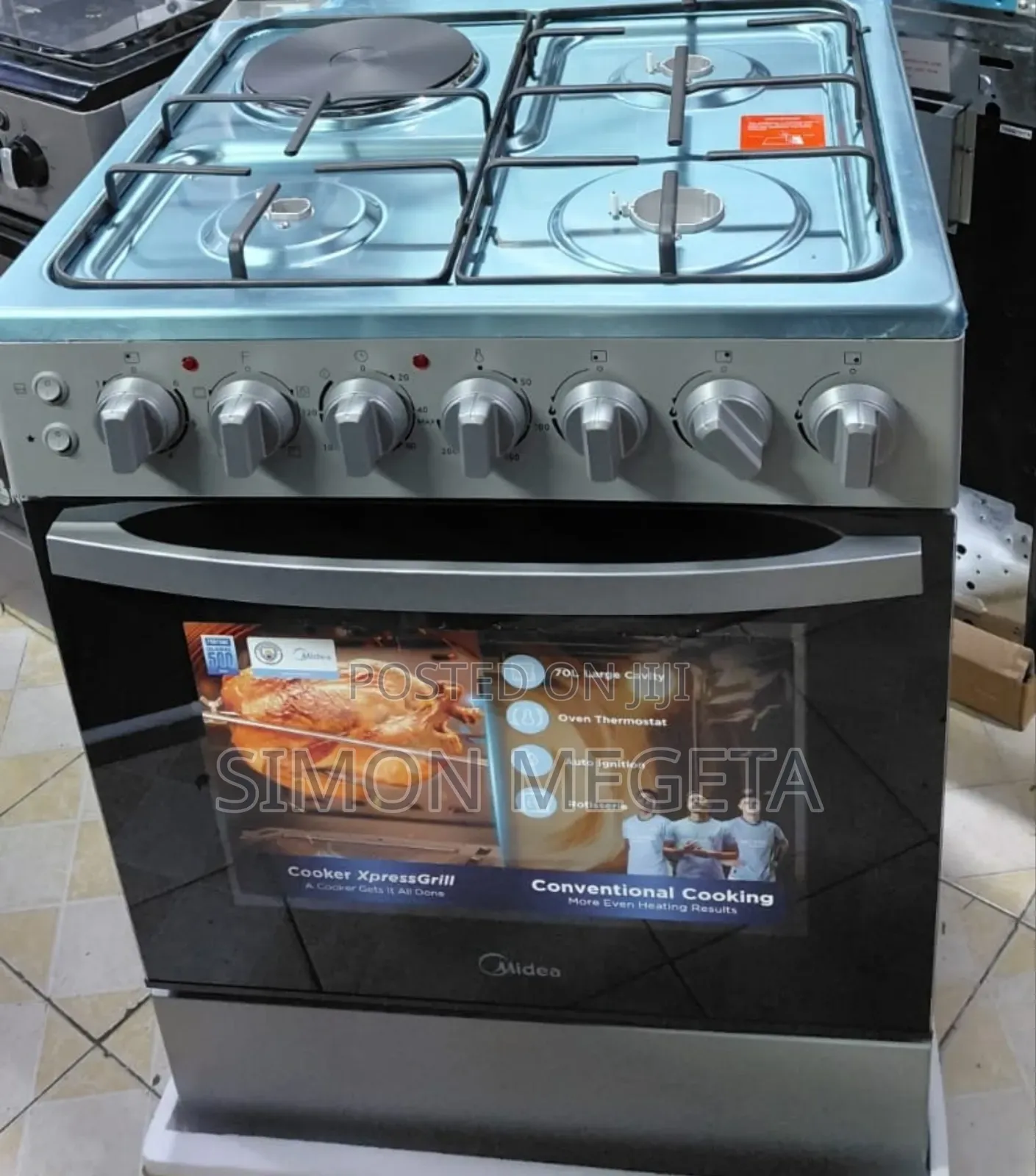 Midea 60×60 3 Gas 1 Electric Standing Cooker – Sleek Silver Finish.