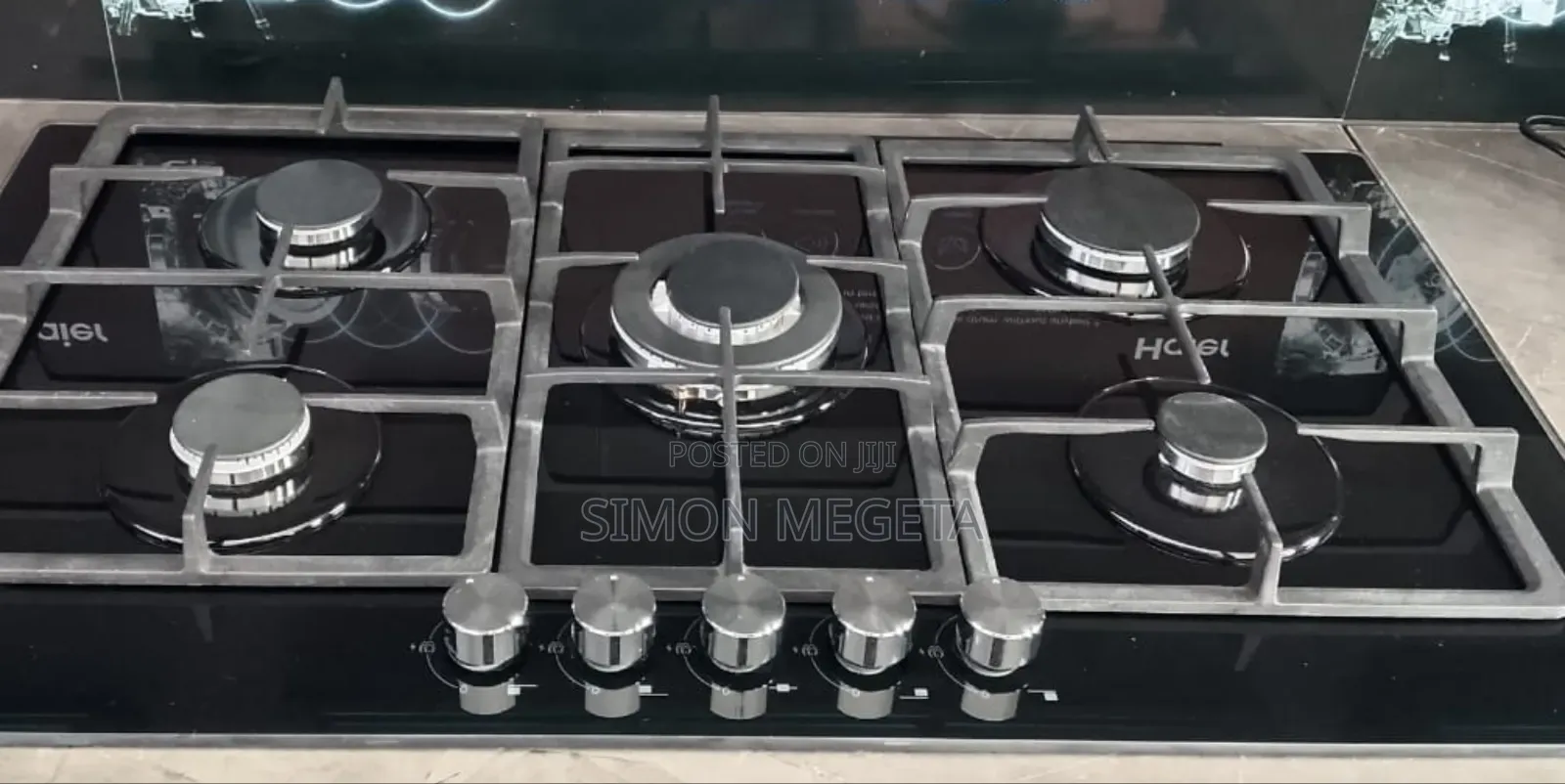 Haier 5-Burner Built-in Gas Hob Hob-S775b 75cm Black Glass, Wok Burner