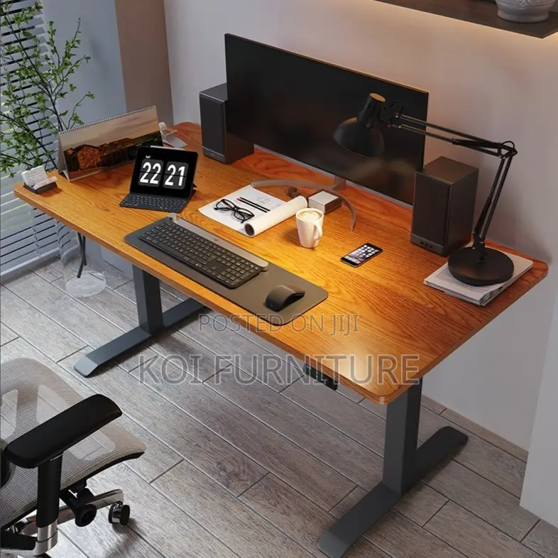 Office Desk; Compact 140cm Brown Height Electric Office Desks