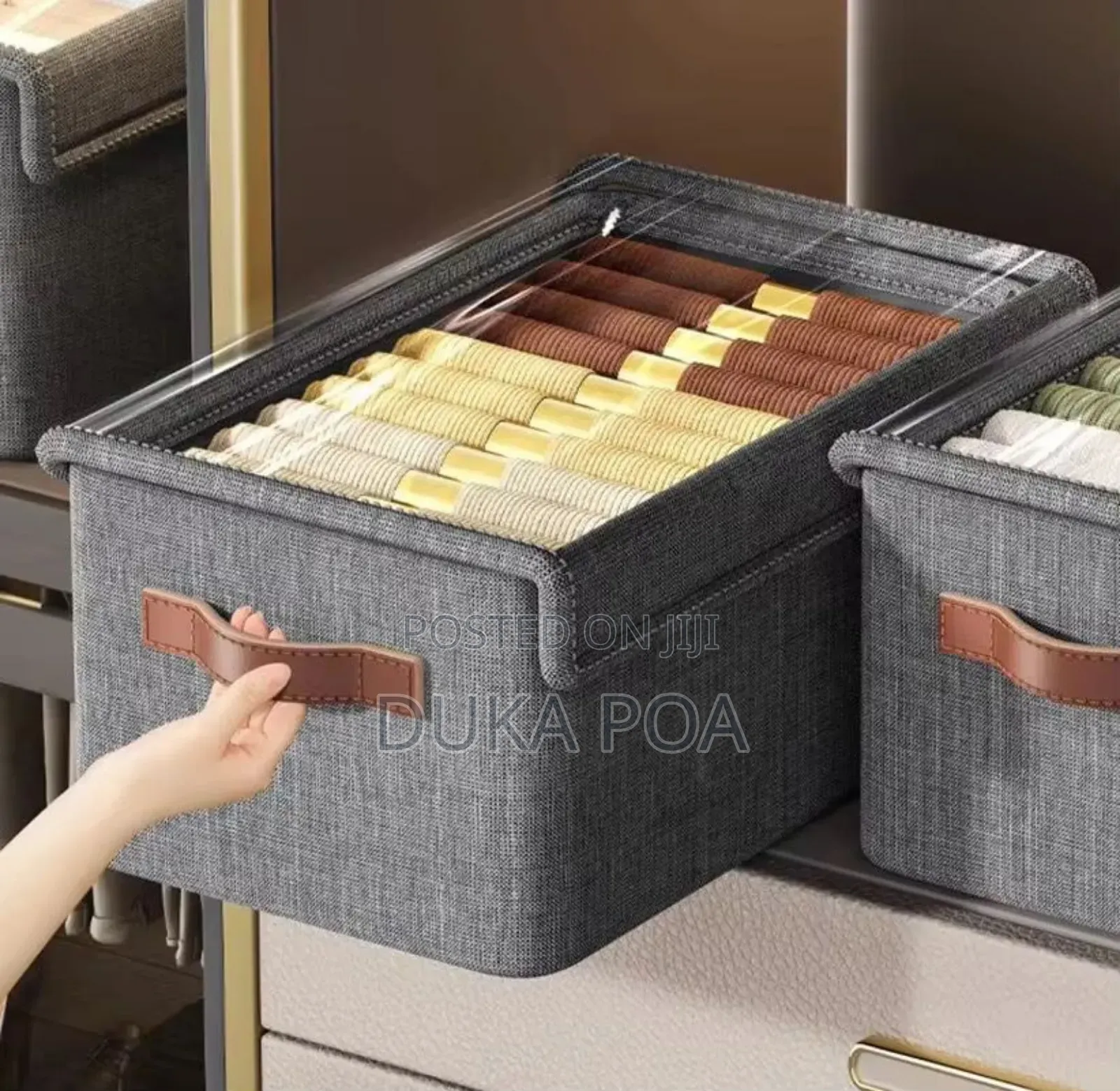 Gray Collapsible Fabric Wardrobe Organiser With Cover Storage Basket