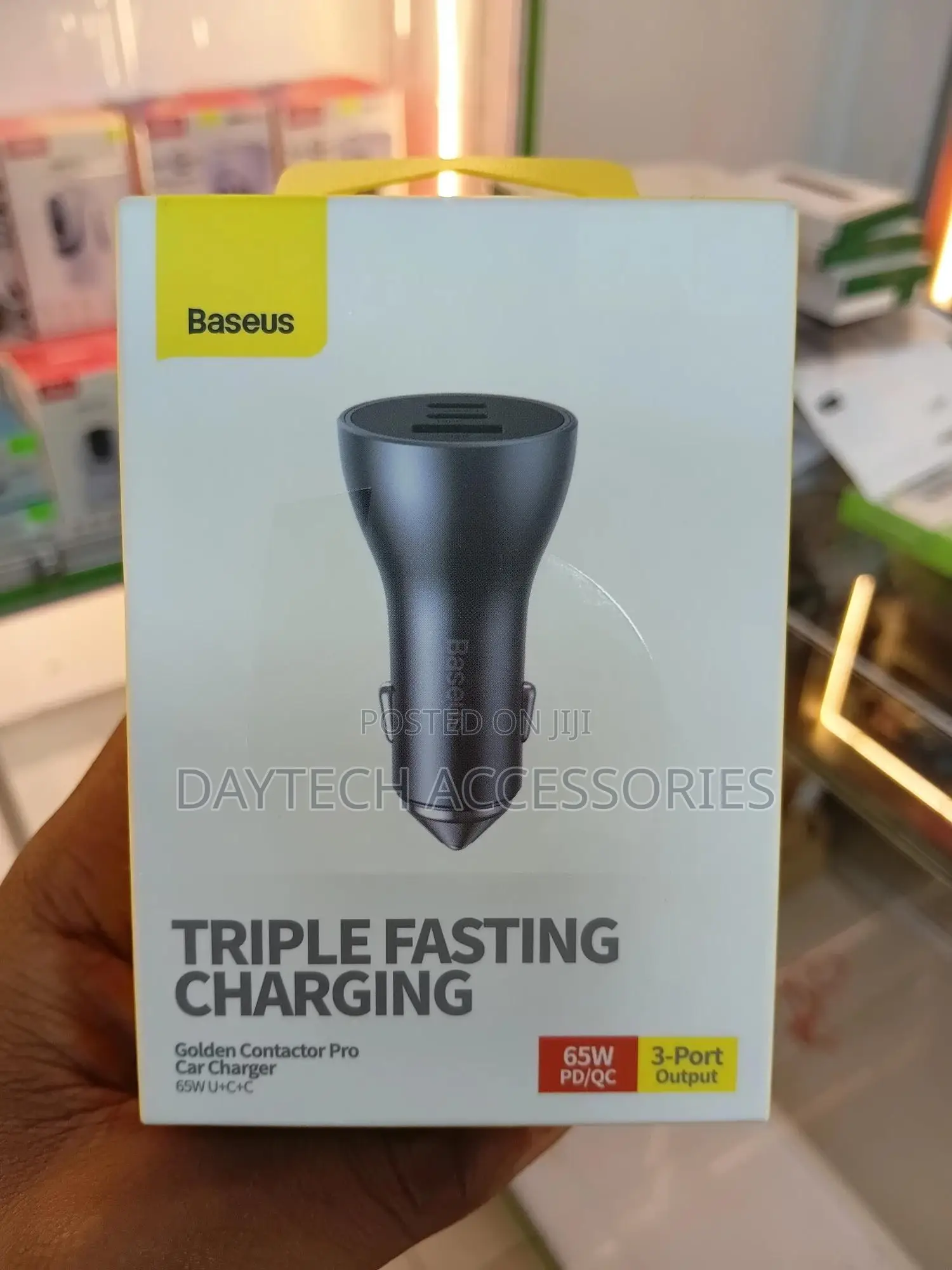 The Baseus Golden Contactor Pro 65w Triple Fast Car Charger.