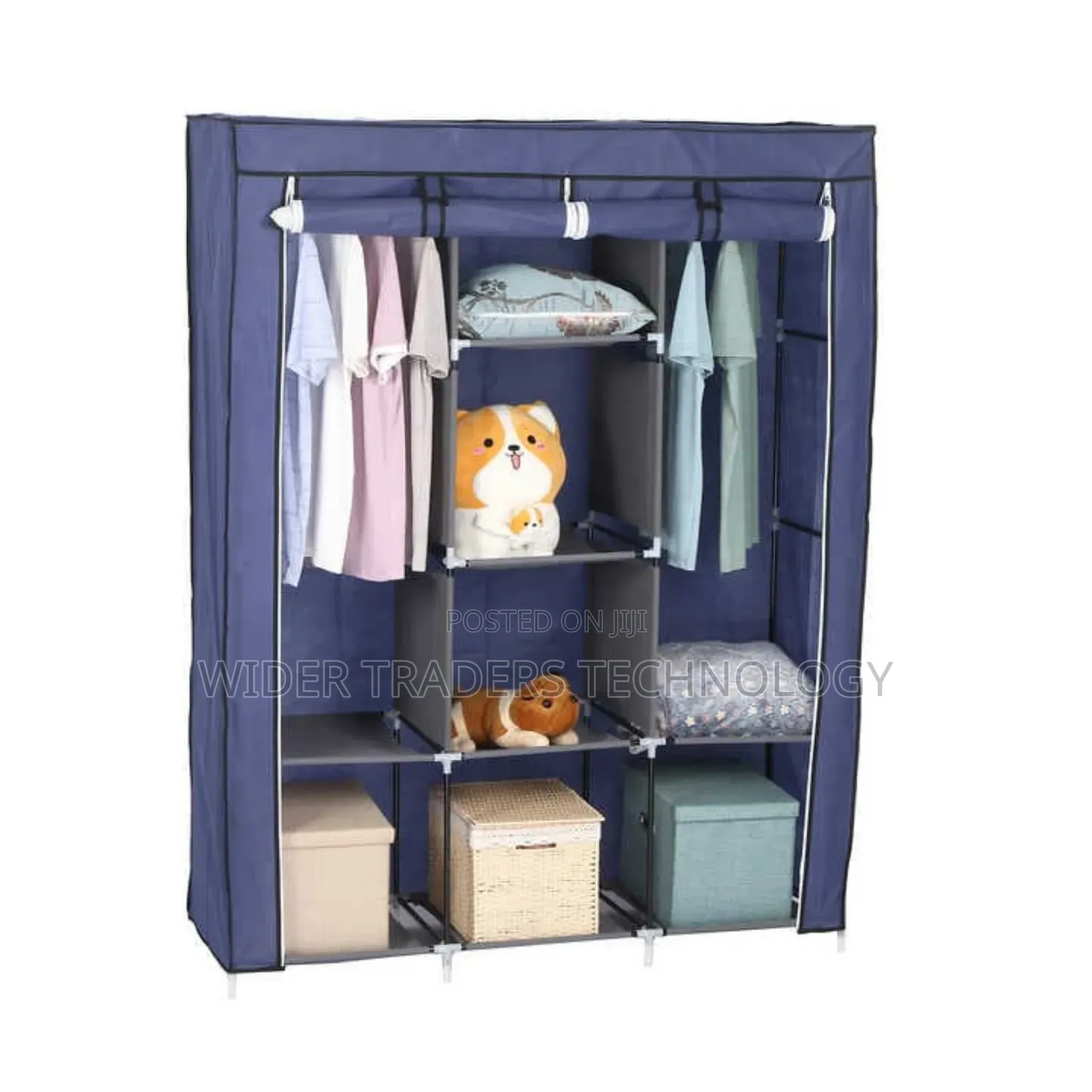 Portable Metallic Wardrobes 3 Columns Navy Blue