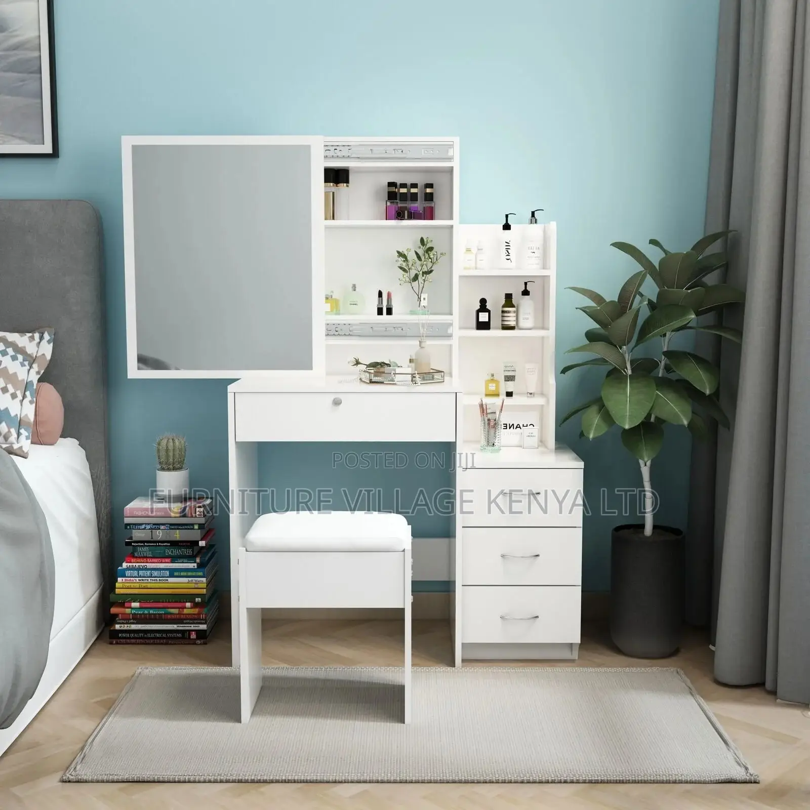 Dresser;Modern Dressing Table W/4 Drawers Sliding Mirror Stool