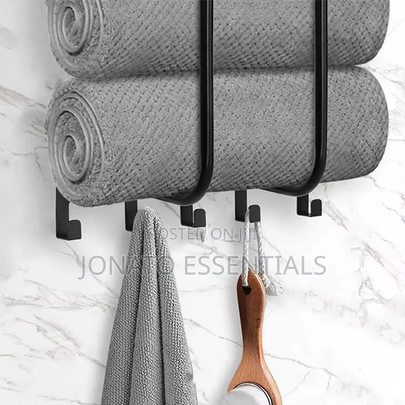 3-in-1 Bathroom Towel Rack With Shelf 5 Hooks - Black