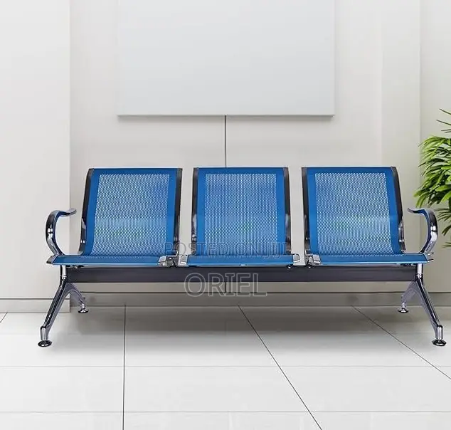 Office Bench : Office 3-Link Non-Padded Blue Waiting Bench