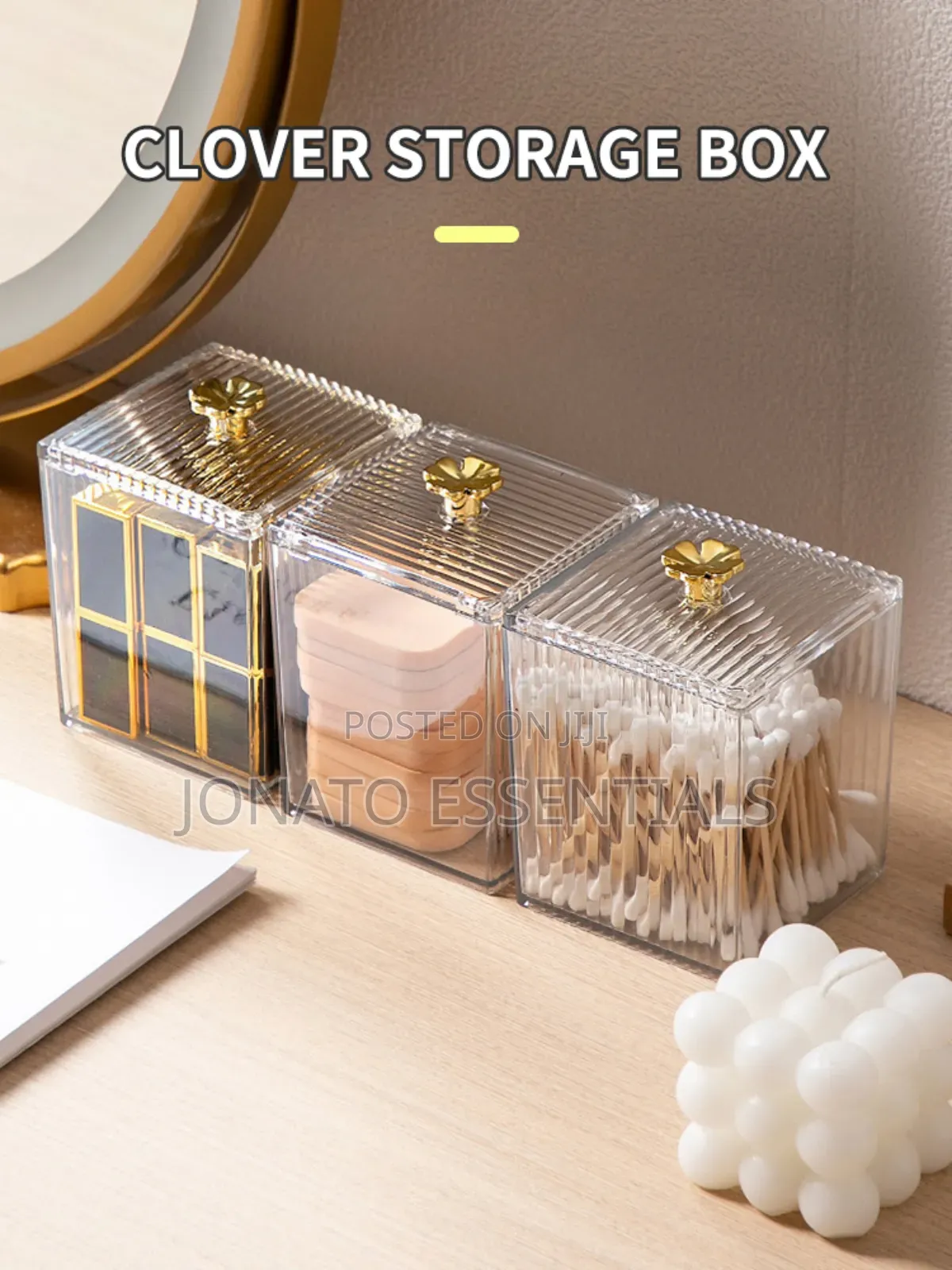 Acrylic Makeup Organizer Box With Gold Flower Lid – Vanity Storage