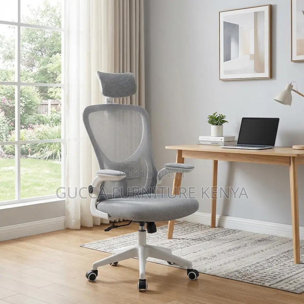 White Ergonomic Mesh Desk Seat With Flip Armrest