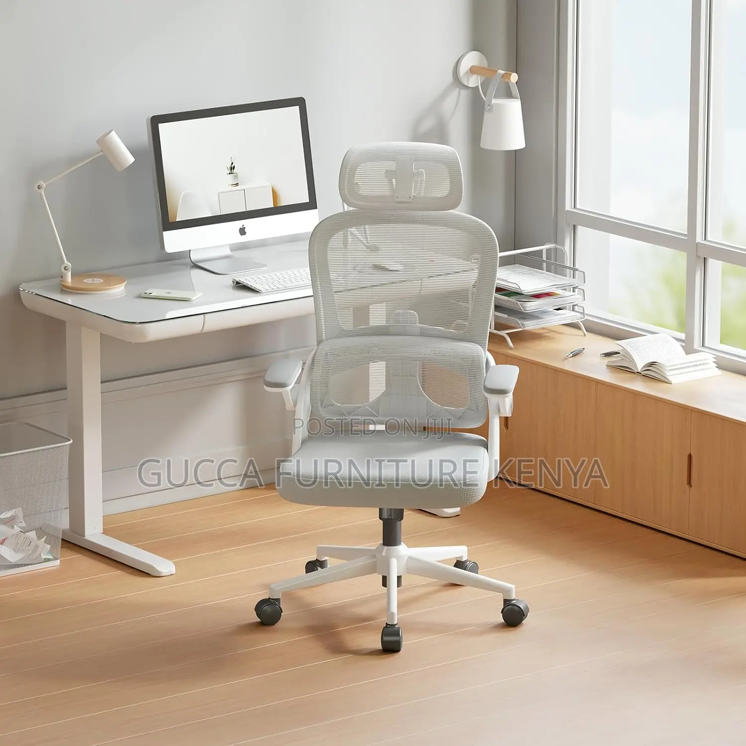 White Ergonomic Mesh Desk Seat With Flip Armrest