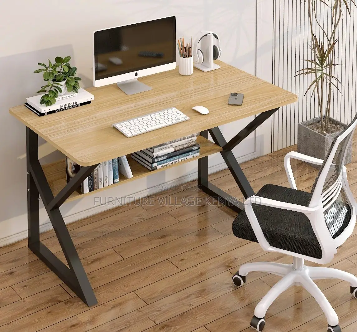 Office Desk; Wood and Metal Computer Desk With Shelf