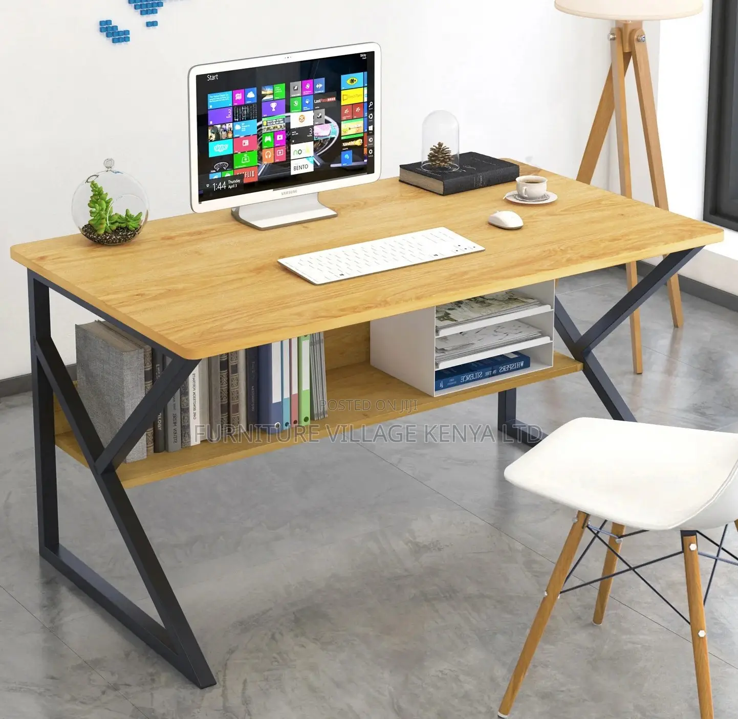 Office Desk; Wood and Metal Computer Desk With Shelf