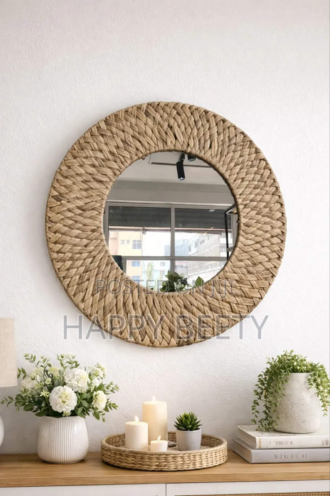 *Decorative Water Hyacinth Handmade Braided Natural Boho Mirror