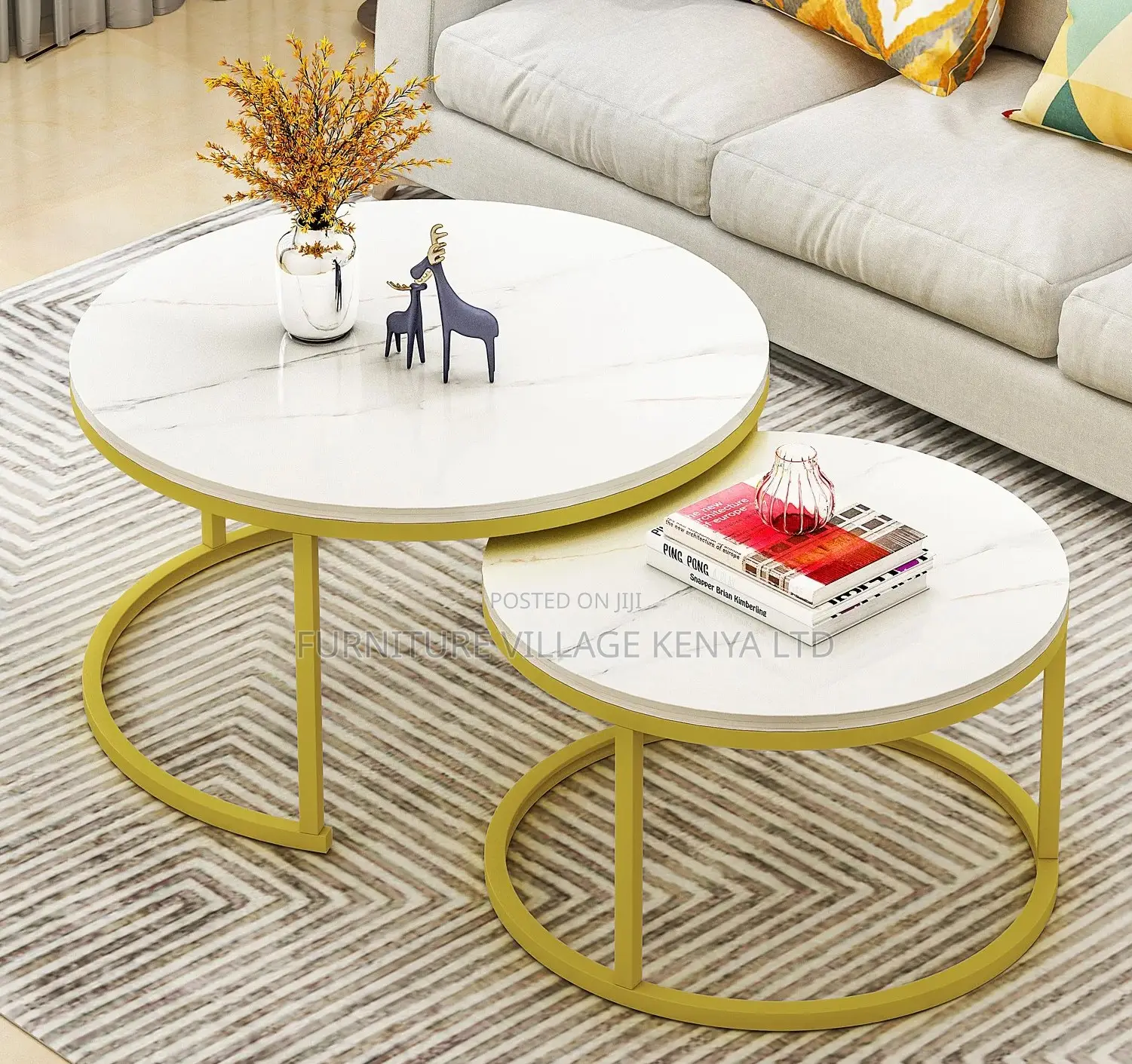 Coffee Table ;2-in-1 Designer Marble Look Nested Coffee Tables White