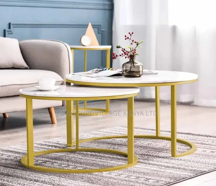 Coffee Table ;2-in-1 Designer Marble Look Nested Coffee Tables White
