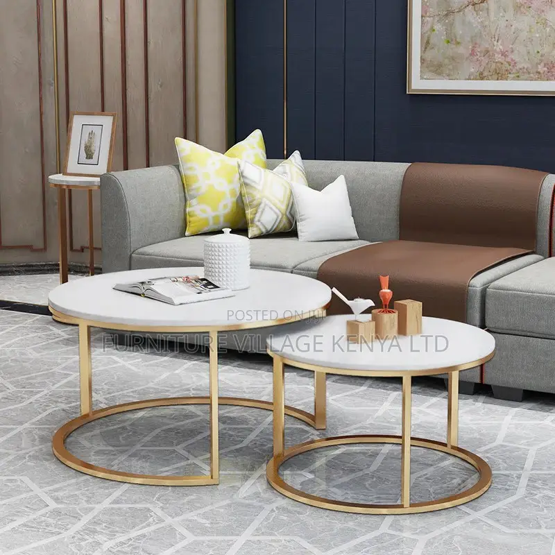 Coffee Table ;2-in-1 Designer Marble Look Nested Coffee Tables White