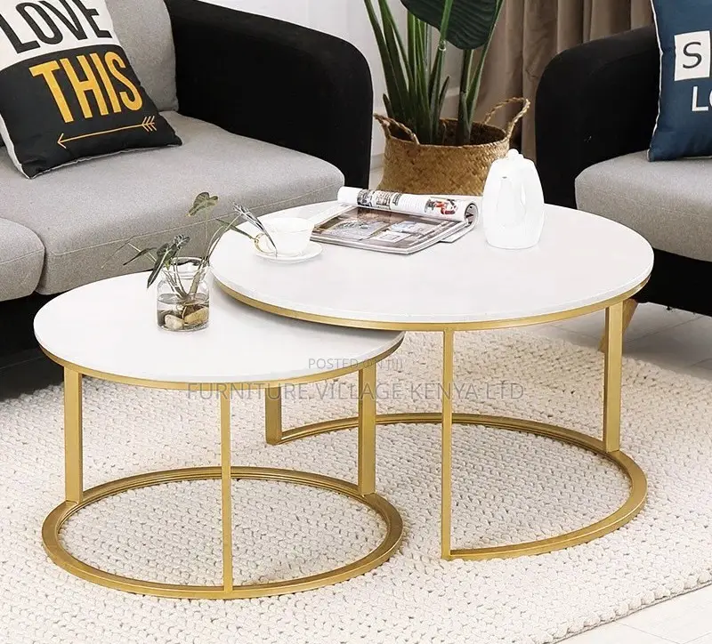 Coffee Table ;2-in-1 Designer Marble Look Nested Coffee Tables White