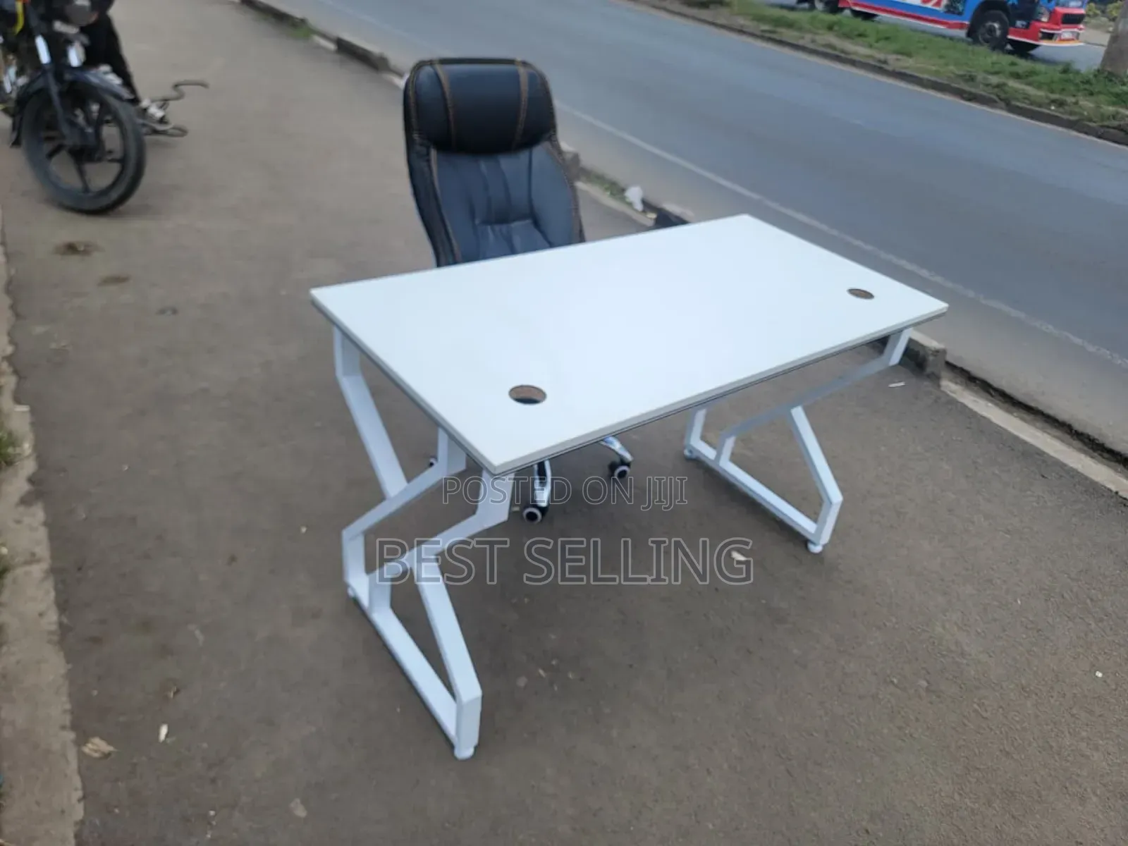All White Metallic Stand Office Table and C 35 Office Chair