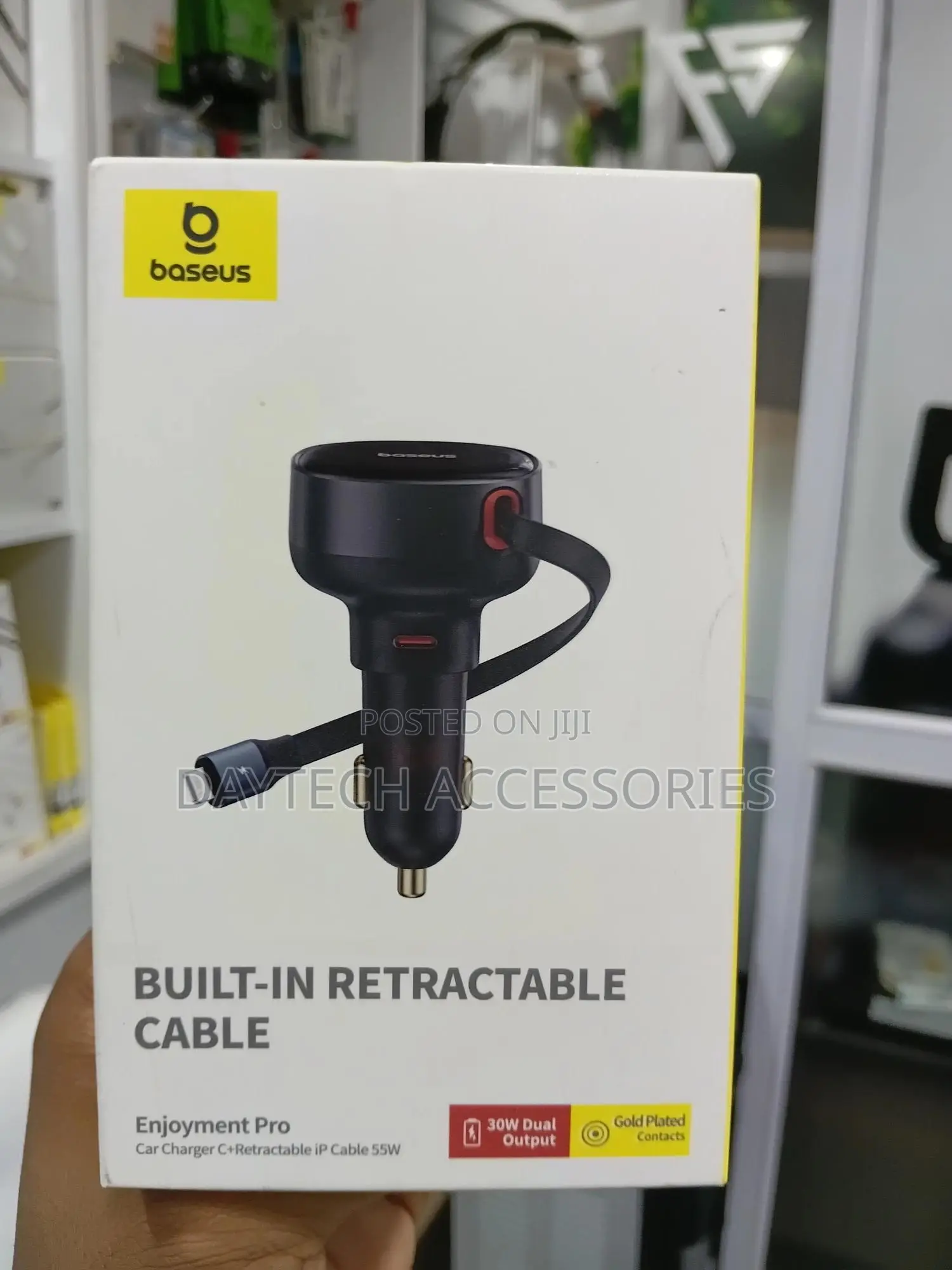 Baseus 60w Dual Port Car Charger Retractable Type-C Cable + Usb-C Port
