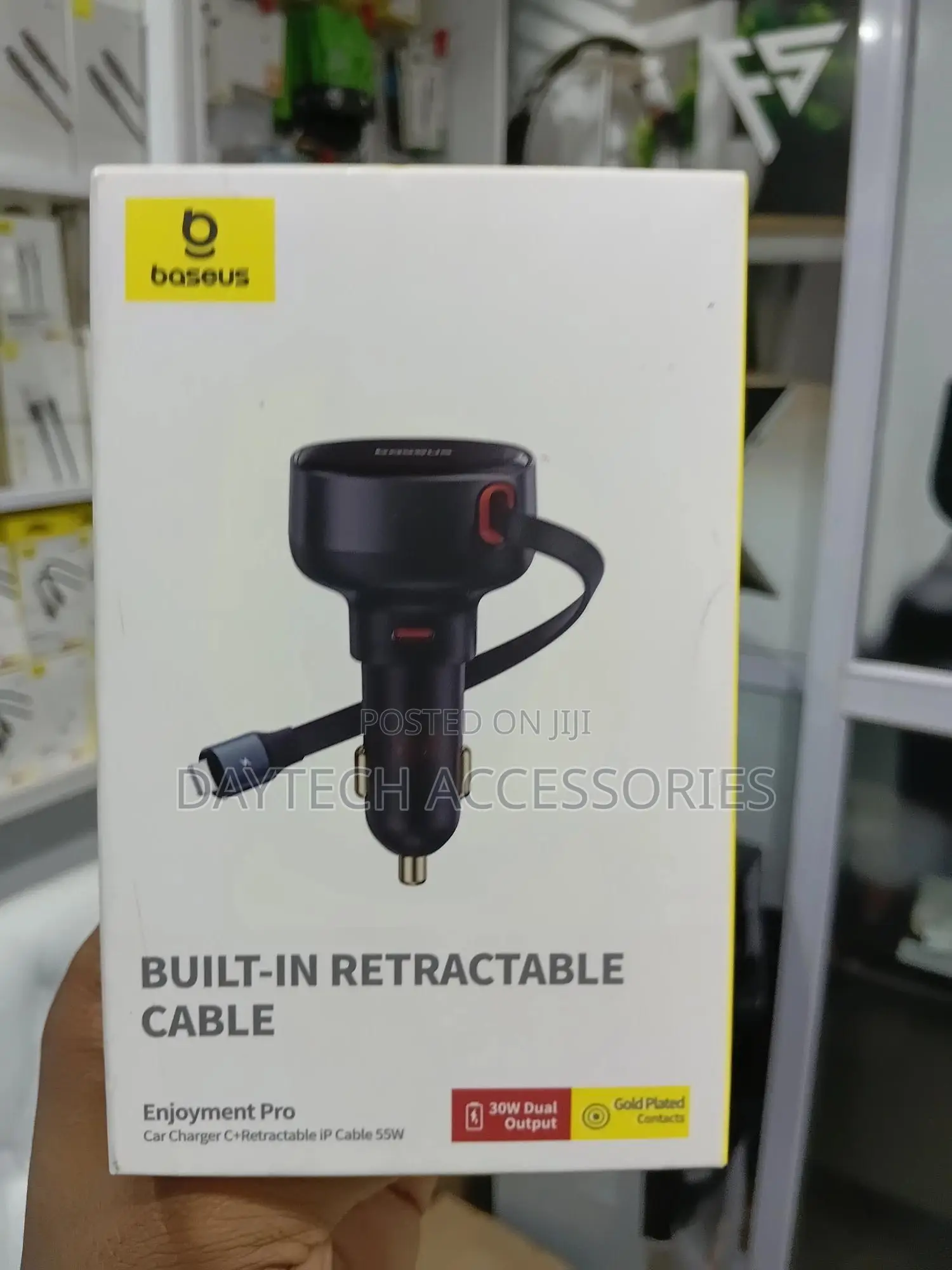 Baseus 60w Dual Port Car Charger Retractable Type-C Cable + Usb-C Port