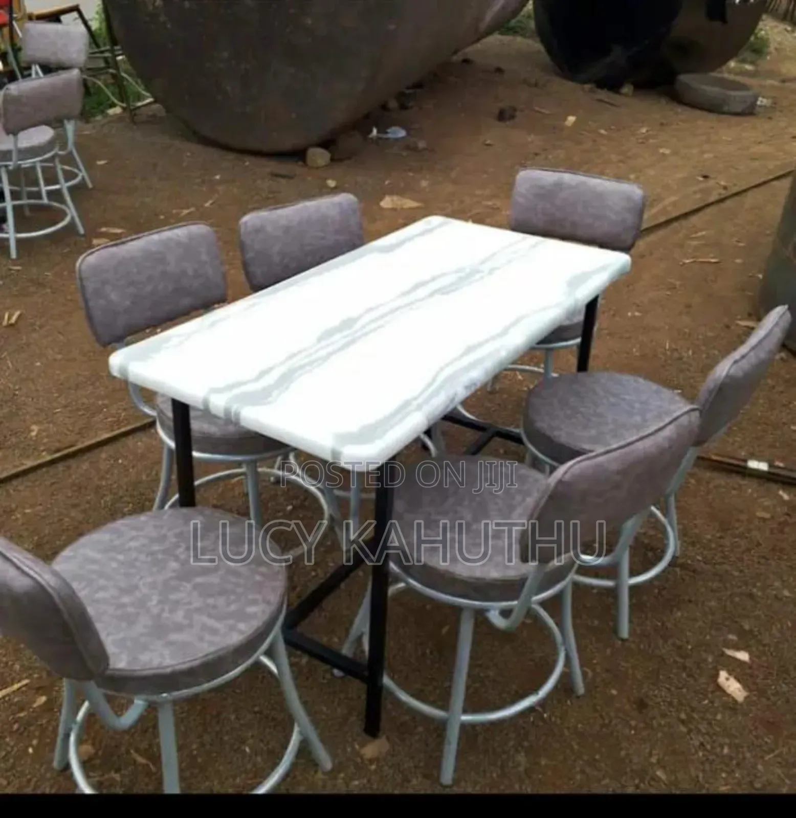Rectangle Marble Top With Low Counter Stools With Powder Coated