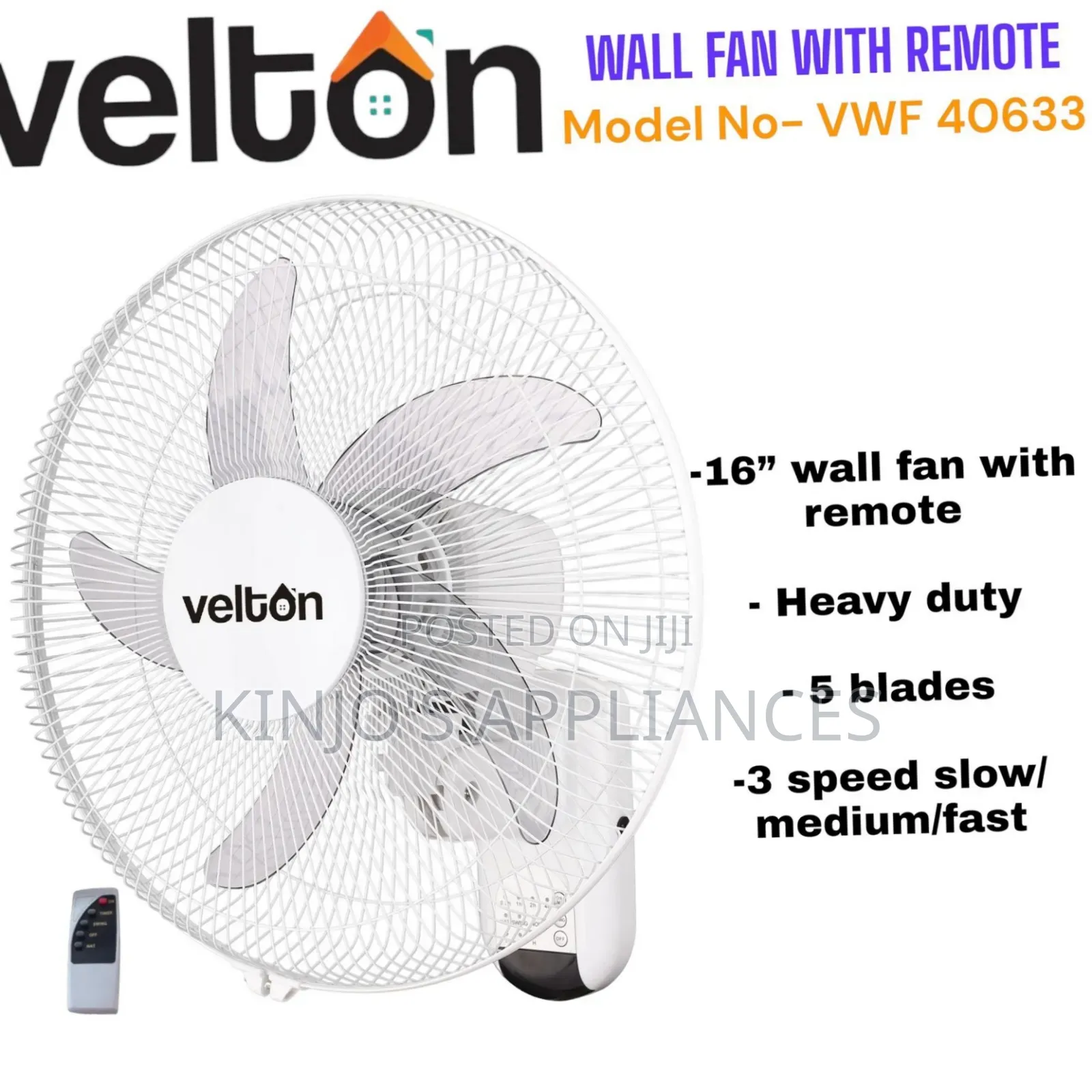 Velton 16inch Wall Fan With Remote