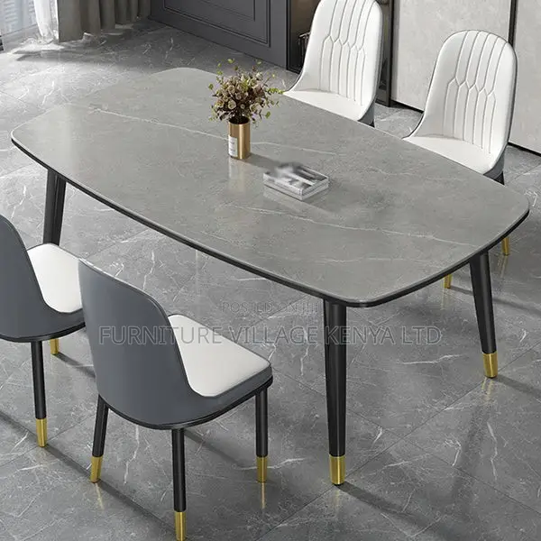 Dining Set; 4-Seater Marble Table and Leather Chair Dining Set