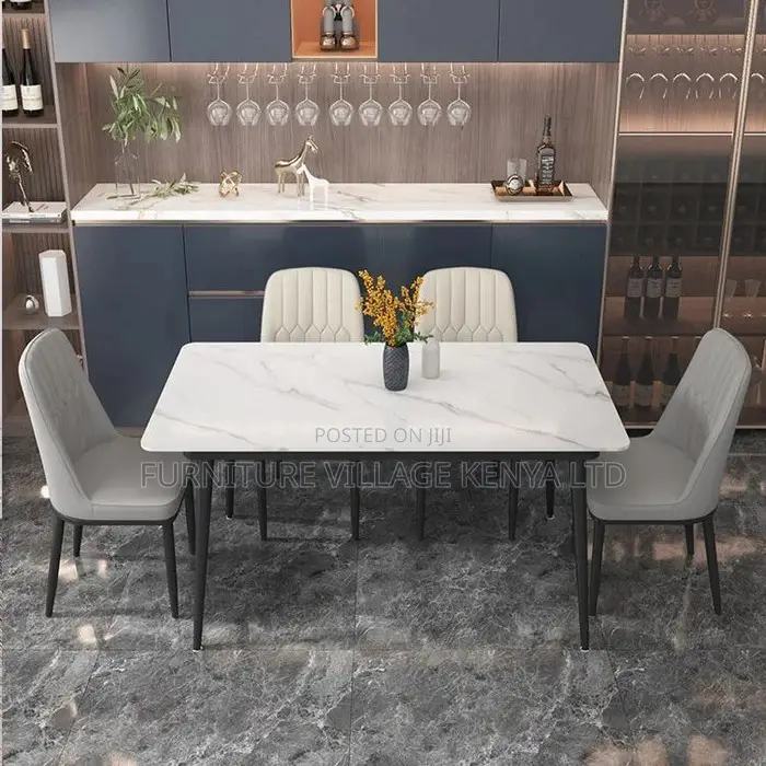 Dining Set; 4-Seater Marble Table and Leather Chair Dining Set